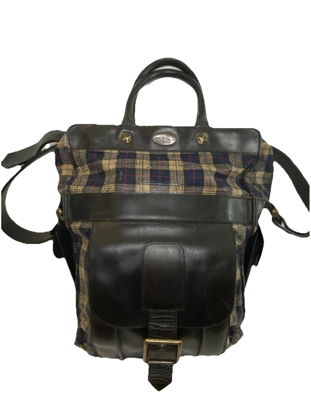 John Fleuvog βEddieβ Bag Purse Tote Plaid Leather Travel Weekend Rare Retired